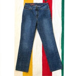 Made in USA hearts embroidered denim blue jeans by Mu Jeans